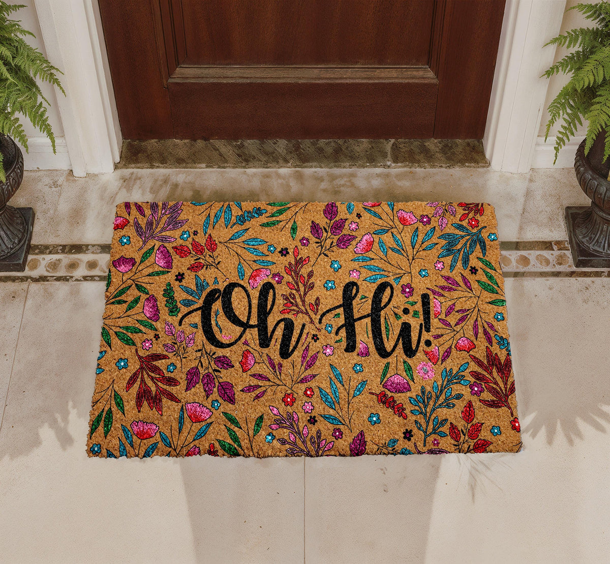 Oh Hi Floral Doormat, Colorful Flowers Welcome Mat, Natural Coir Door Mat