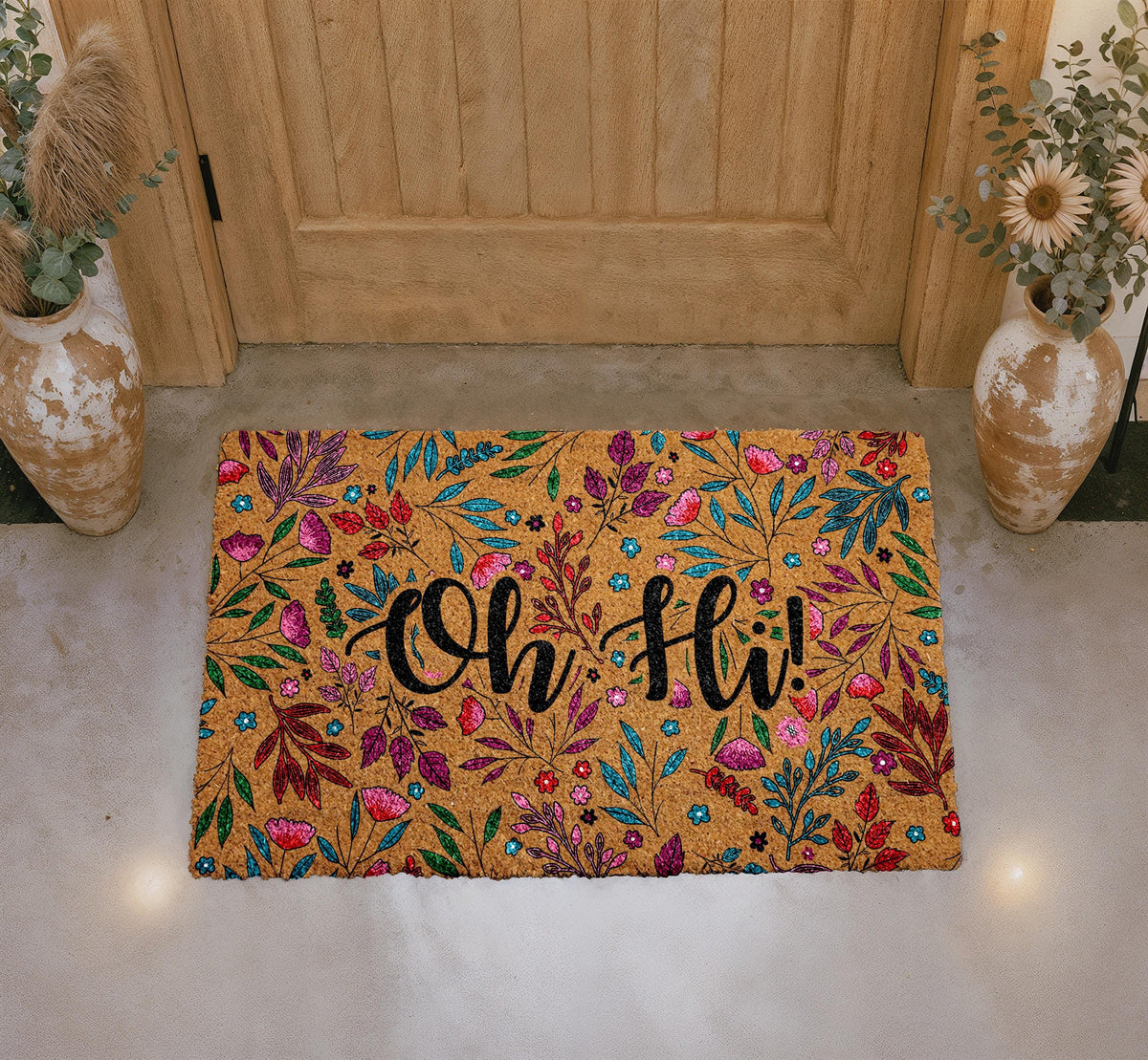 Oh Hi Floral Doormat, Colorful Flowers Welcome Mat, Natural Coir Door Mat