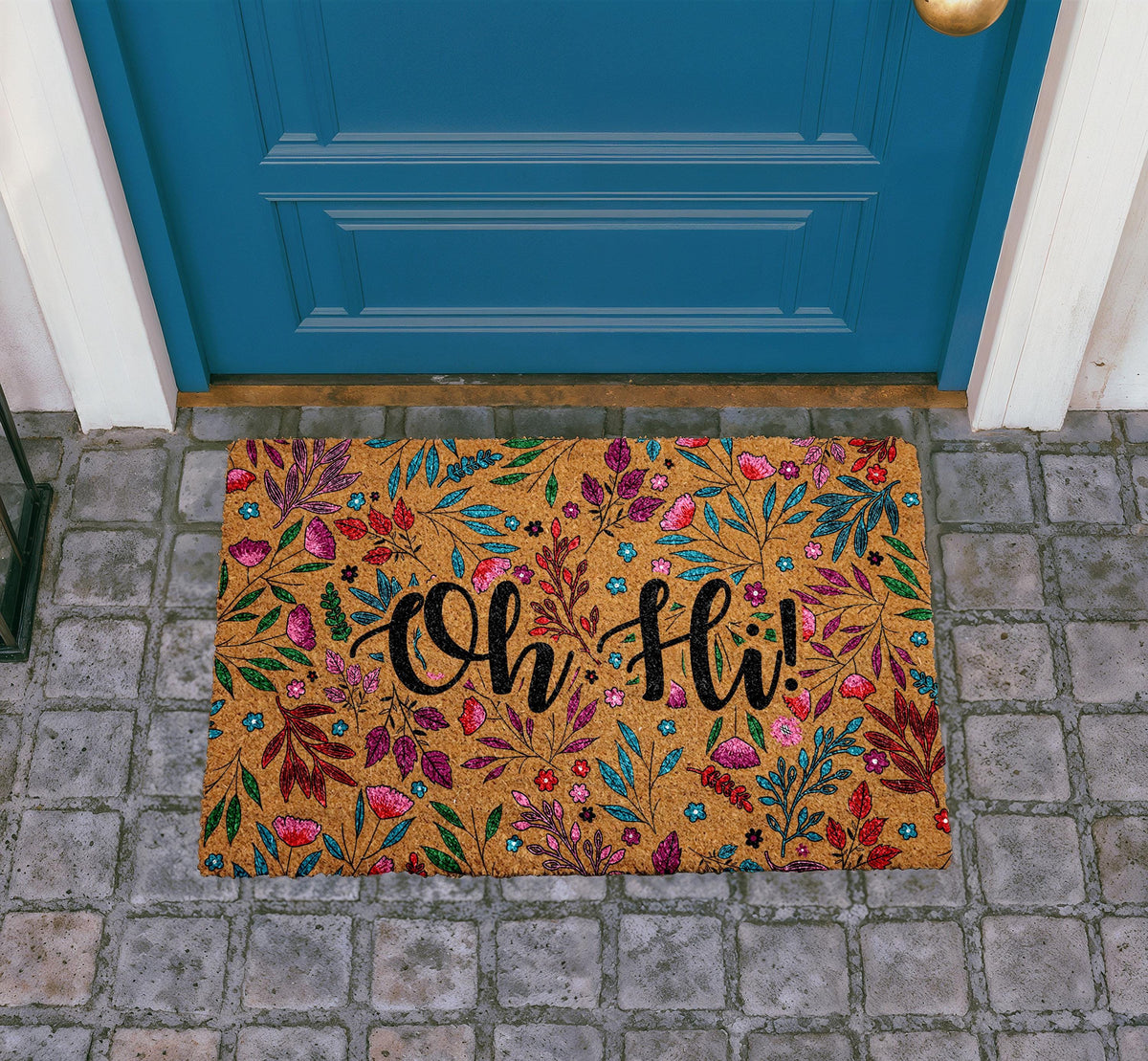 Oh Hi Floral Doormat, Colorful Flowers Welcome Mat, Natural Coir Door Mat