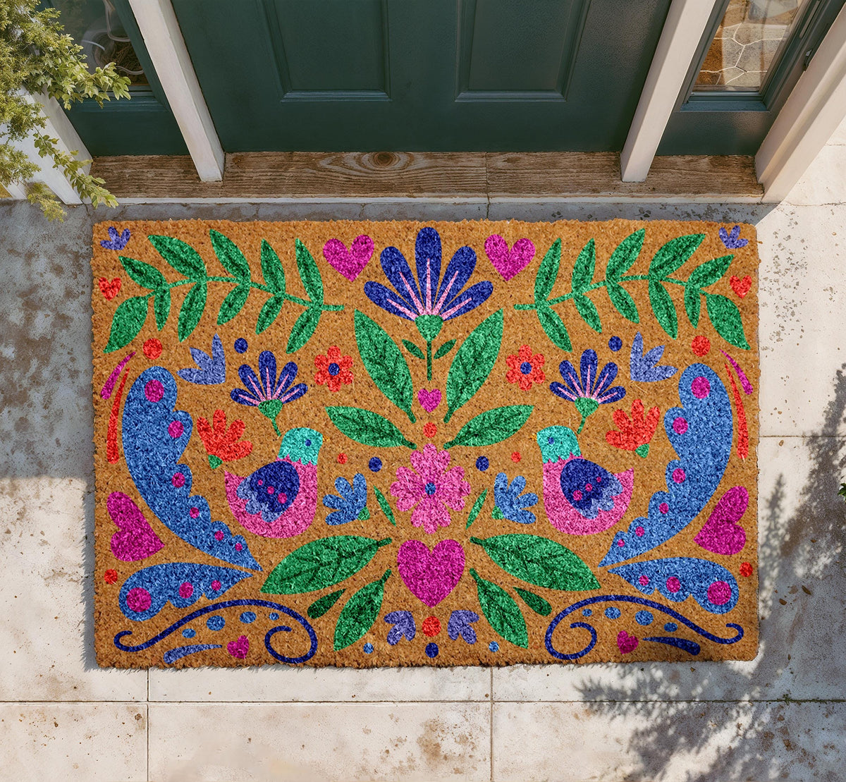 Personalized Coir Doormat, Vibrant Floral Bird Design, Bohemian Welcome Mat