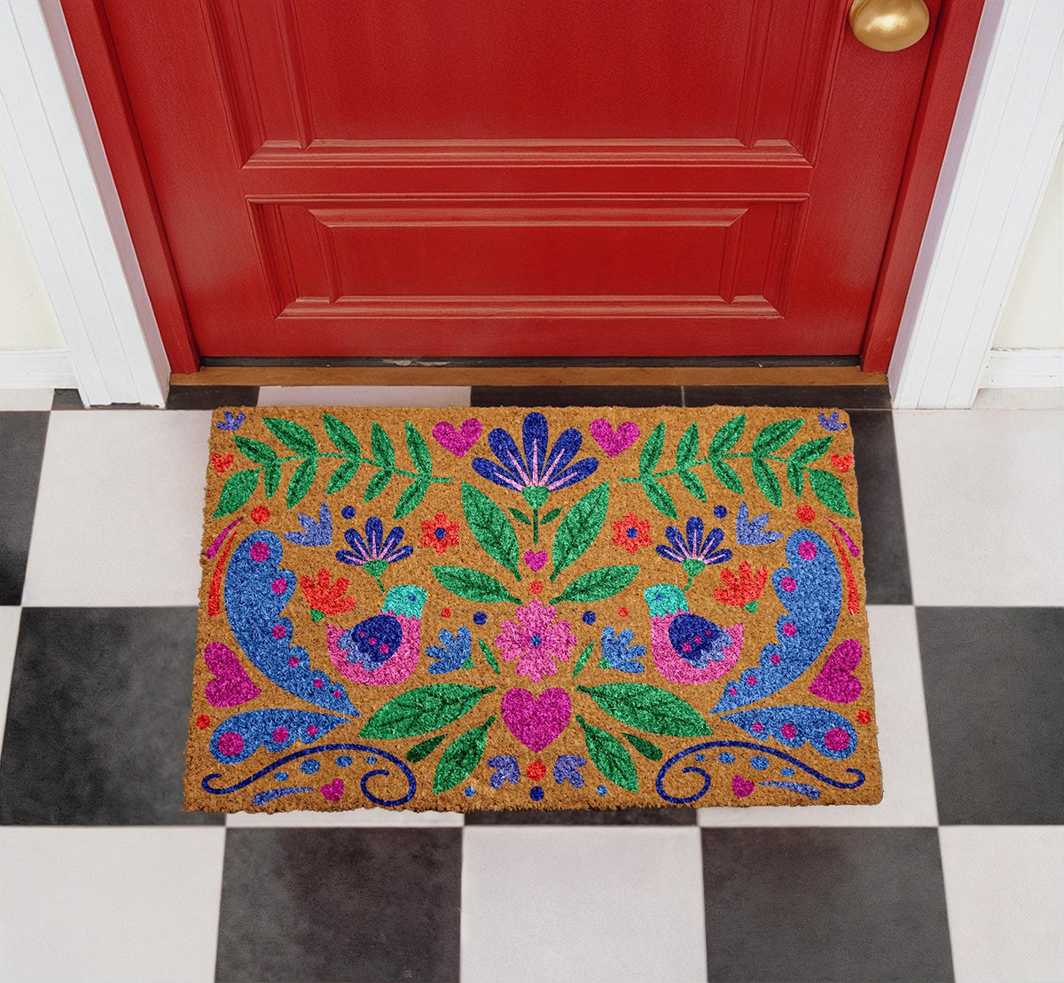 Personalized Coir Doormat, Vibrant Floral Bird Design, Bohemian Welcome Mat