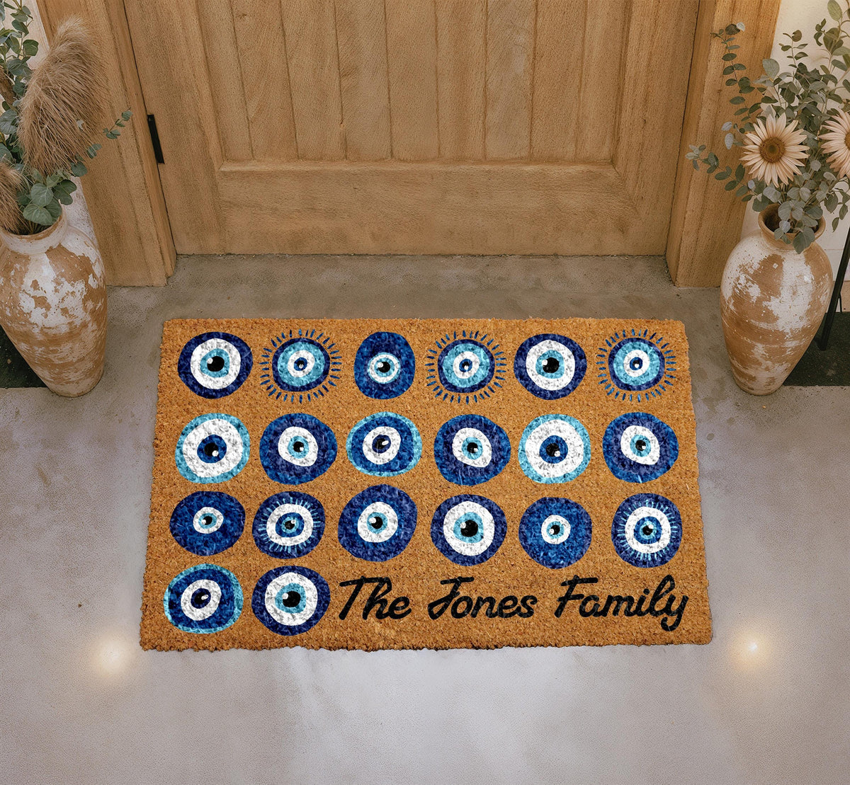 Personalized Evil Eye Doormat, Custom Family Name Welcome Mat, Natural Coir Home Entrance Protection