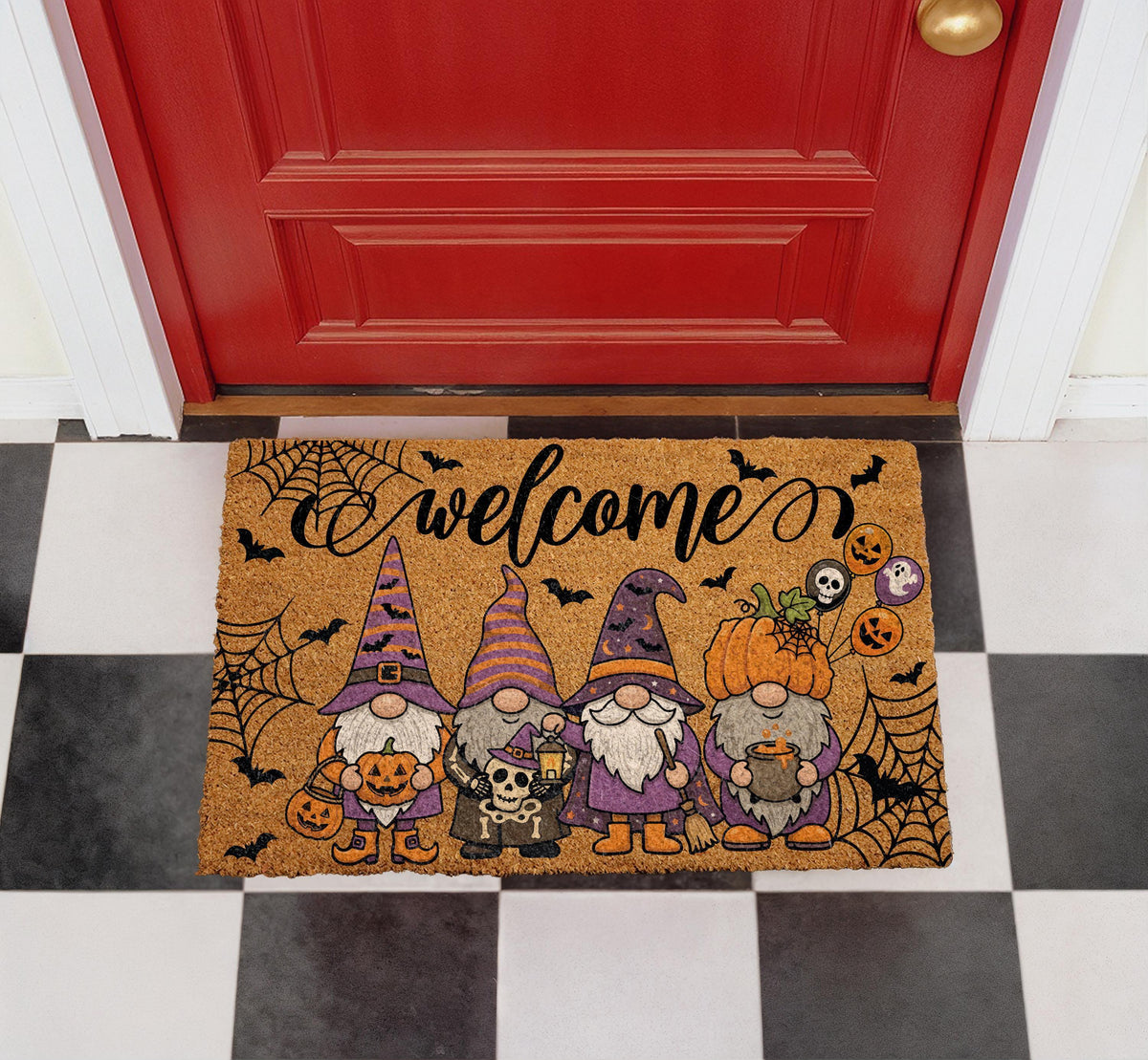 Halloween Gnome Doormat, Pumpkin Bats Spiderwebs Welcome Mat, Spooky Porch Decor