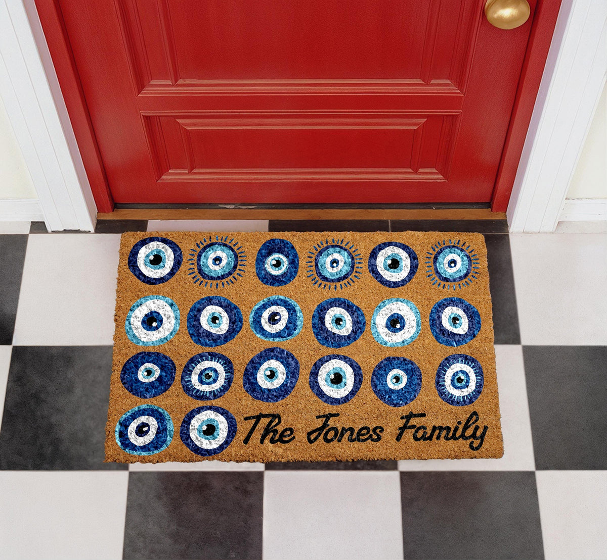 Personalized Evil Eye Doormat, Custom Family Name Welcome Mat, Natural Coir Home Entrance Protection