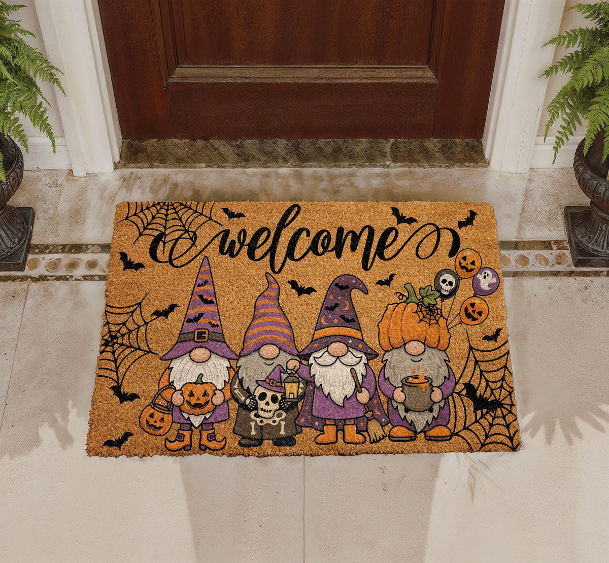 Halloween Gnome Doormat, Pumpkin Bats Spiderwebs Welcome Mat, Spooky Porch Decor