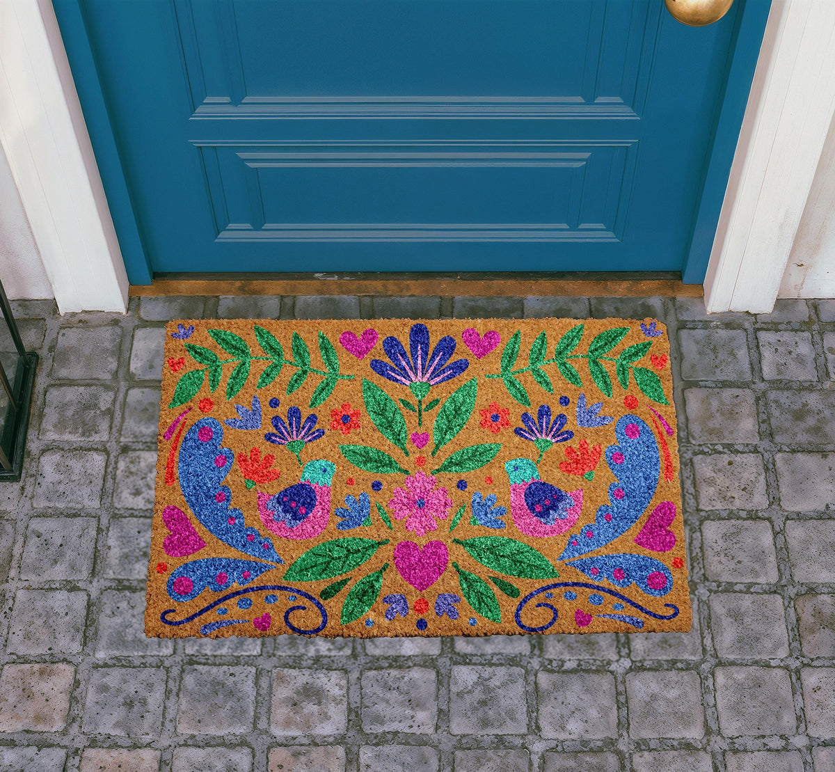 Personalized Coir Doormat, Vibrant Floral Bird Design, Bohemian Welcome Mat
