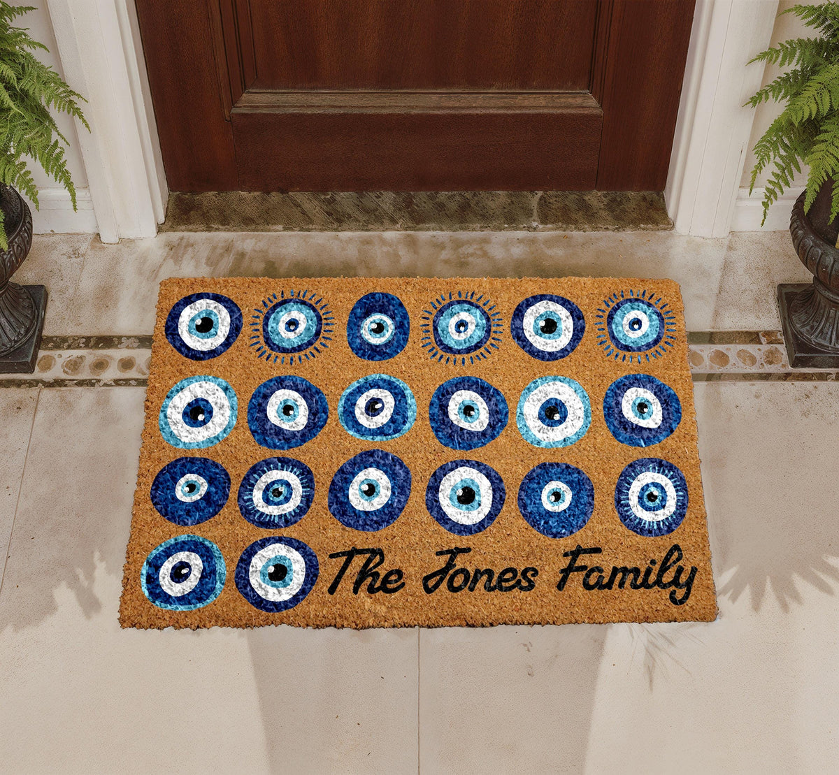 Personalized Evil Eye Doormat, Custom Family Name Welcome Mat, Natural Coir Home Entrance Protection