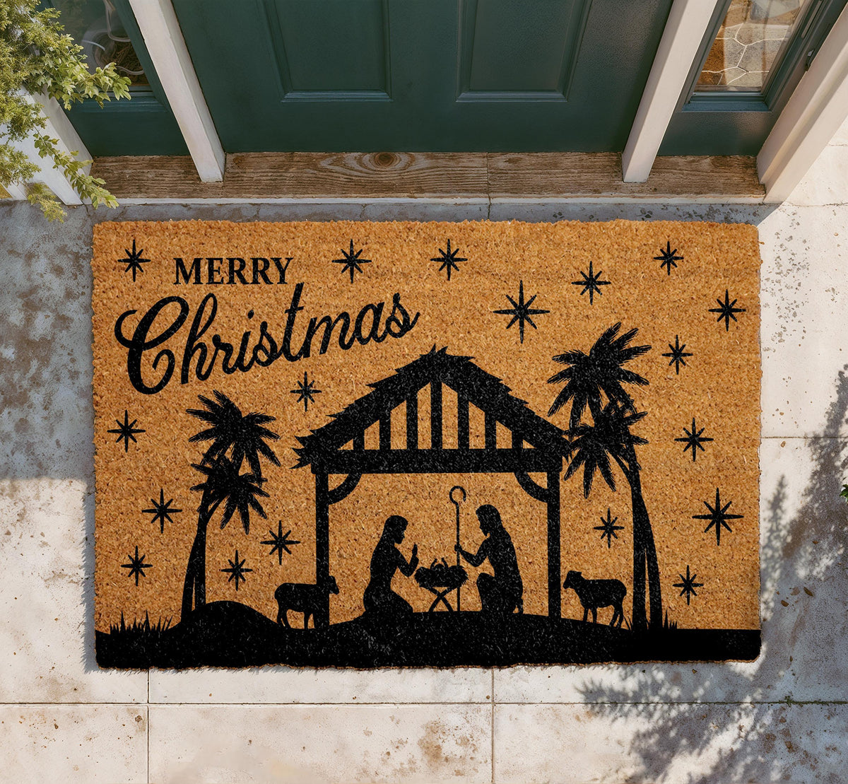 Merry Christmas Nativity Scene Doormat, Religious Holiday Coir Mat