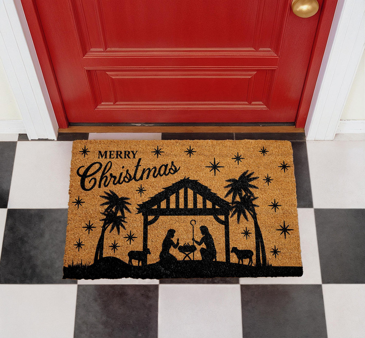 Merry Christmas Nativity Scene Doormat, Religious Holiday Coir Mat