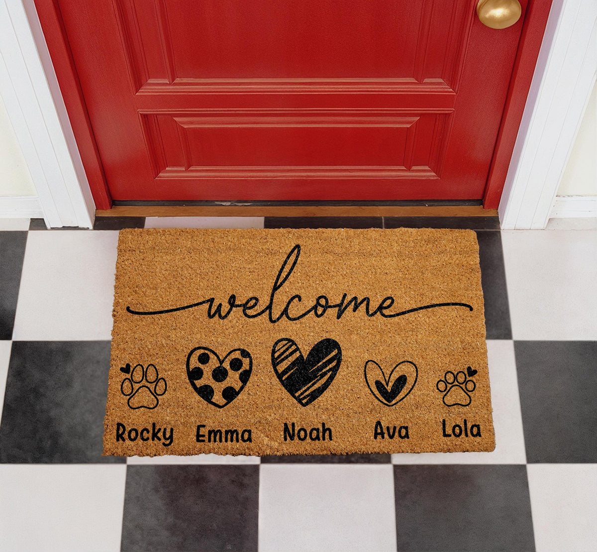 Custom Family Pet Doormat, Hearts and Paw Prints, Personalized Welcome Mat (Coir)