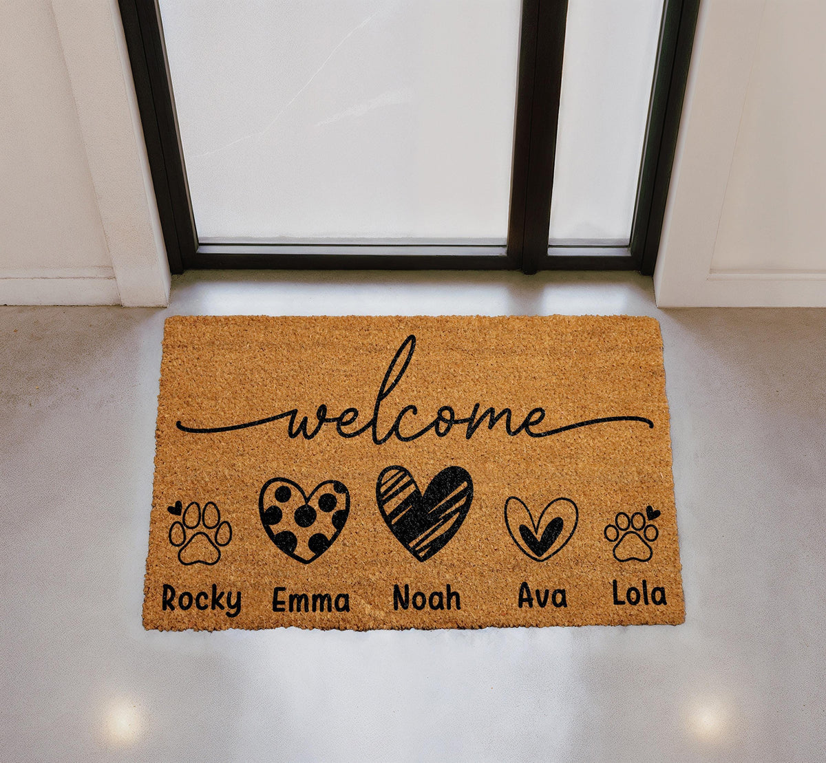 Custom Family Pet Doormat, Hearts and Paw Prints, Personalized Welcome Mat (Coir)