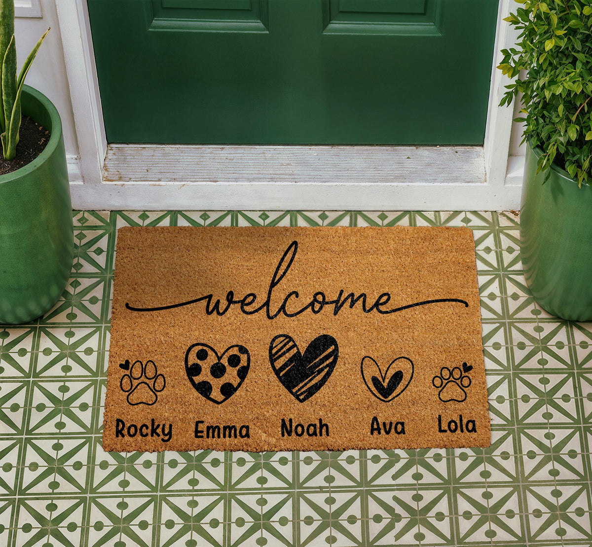 Custom Family Pet Doormat, Hearts and Paw Prints, Personalized Welcome Mat (Coir)