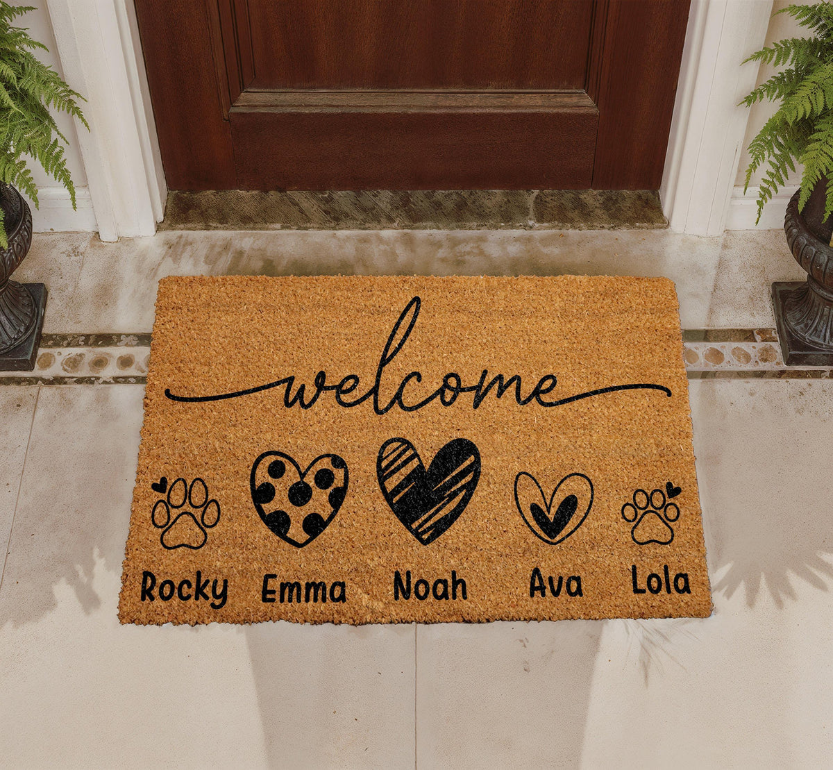 Custom Family Pet Doormat, Hearts and Paw Prints, Personalized Welcome Mat (Coir)