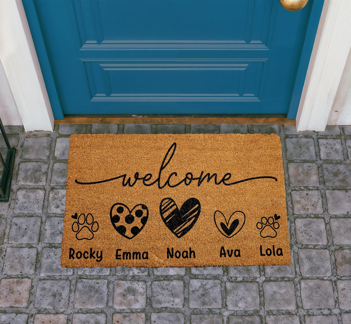Custom Family Pet Doormat, Hearts and Paw Prints, Personalized Welcome Mat (Coir)