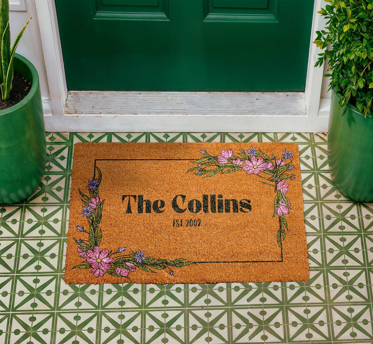 Personalized Floral Doormat, Custom Family Name Welcome Mat, Natural Coir Home Decor