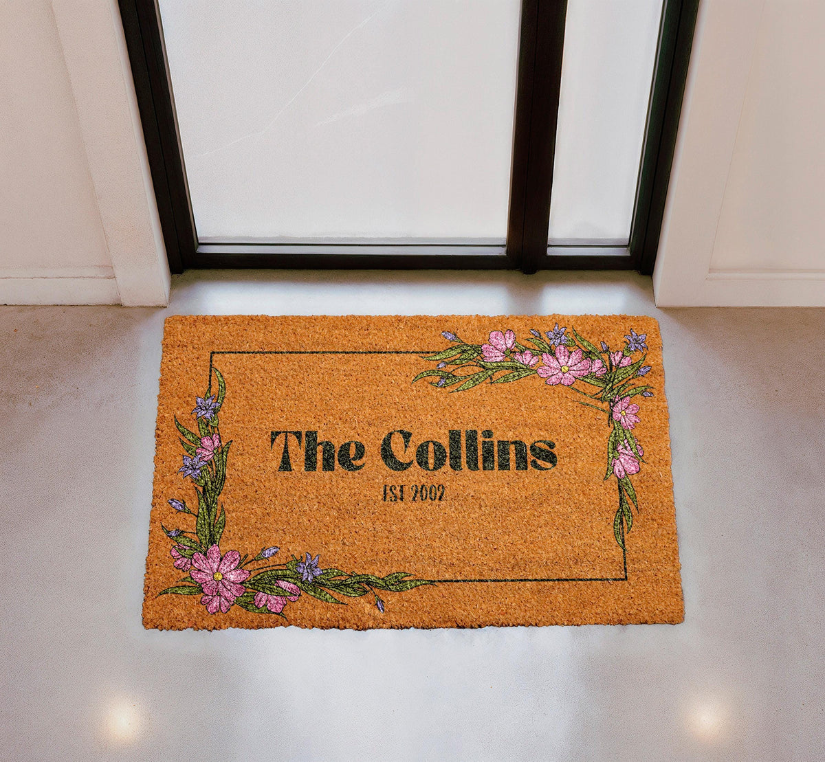 Personalized Floral Doormat, Custom Family Name Welcome Mat, Natural Coir Home Decor