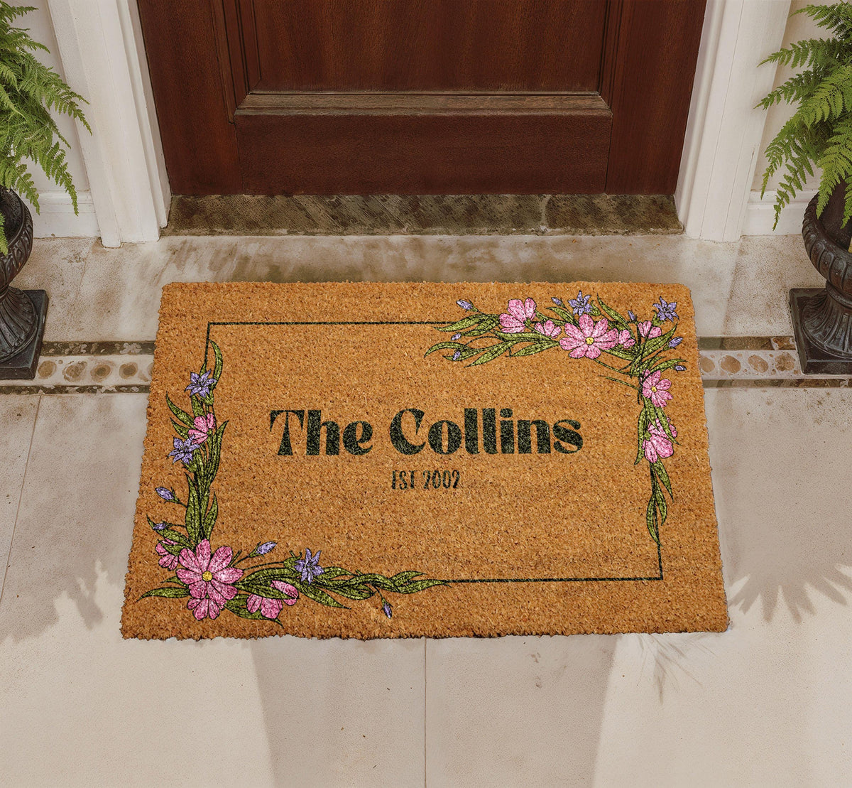 Personalized Floral Doormat, Custom Family Name Welcome Mat, Natural Coir Home Decor
