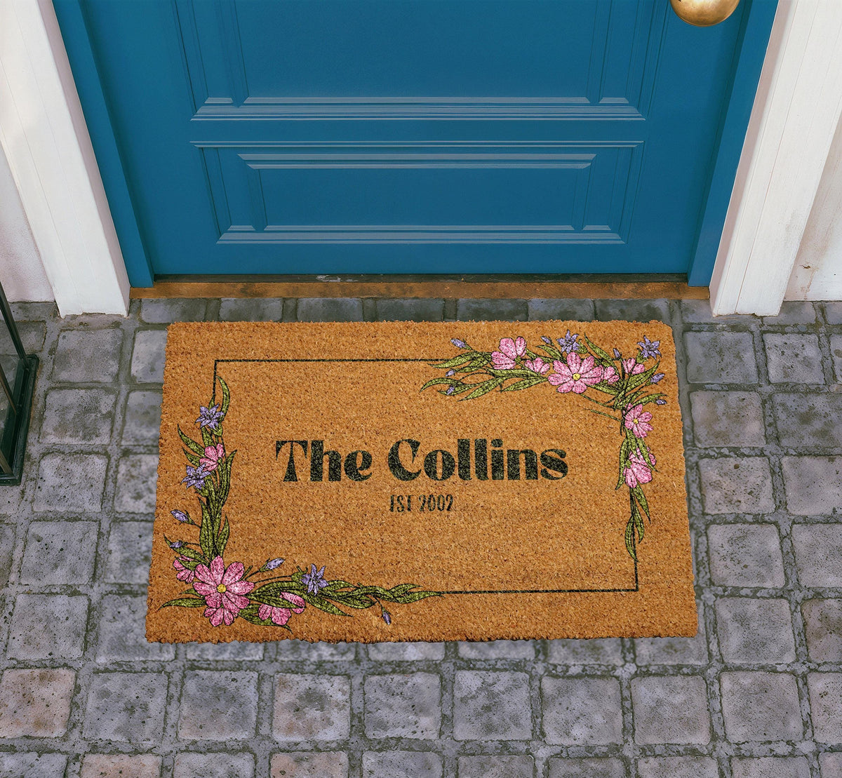 Personalized Floral Doormat, Custom Family Name Welcome Mat, Natural Coir Home Decor