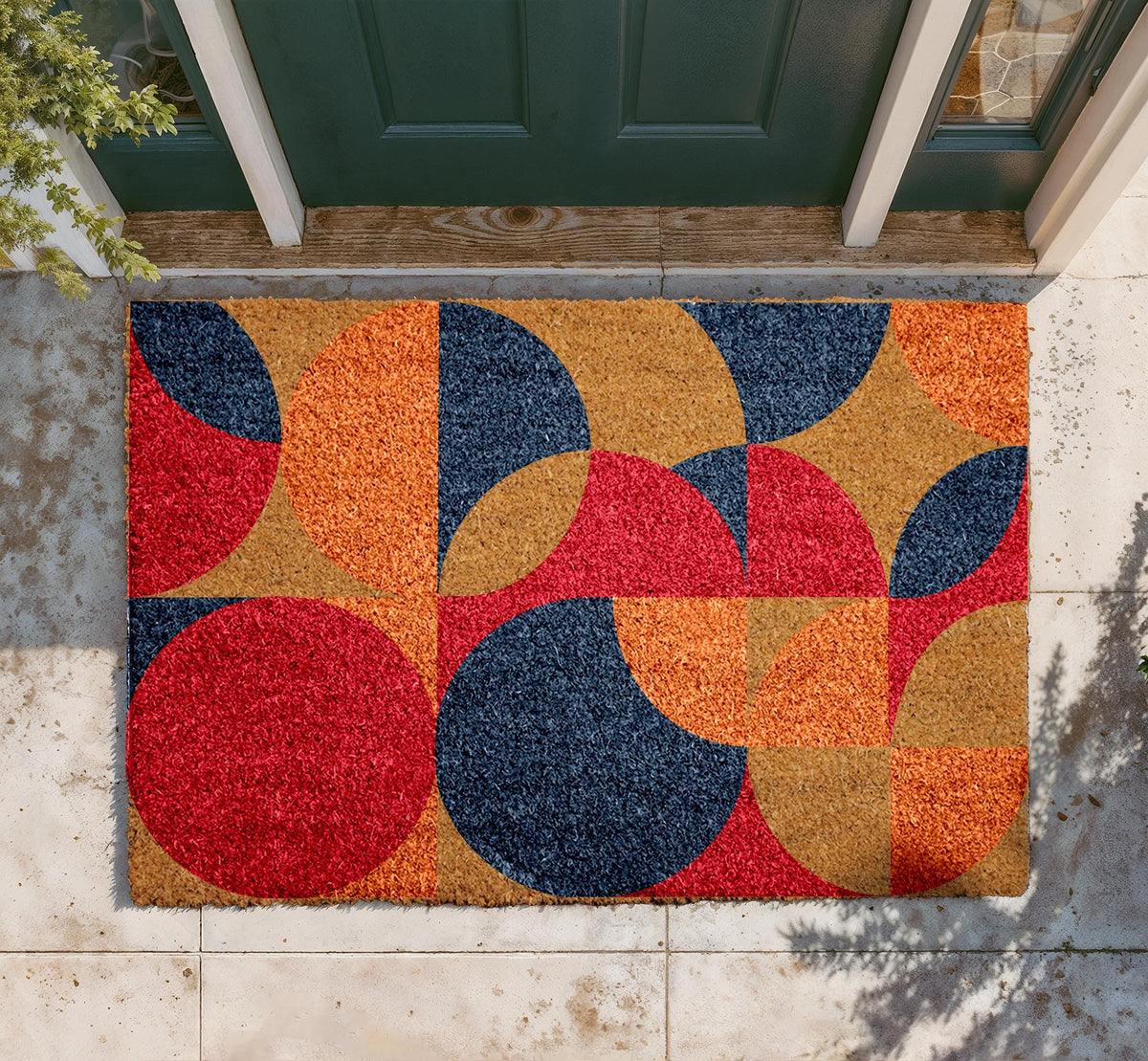 Mid-Century Modern Outdoor Doormat, Multicolor Geometric Welcome Mat, Abstract Circles Rug