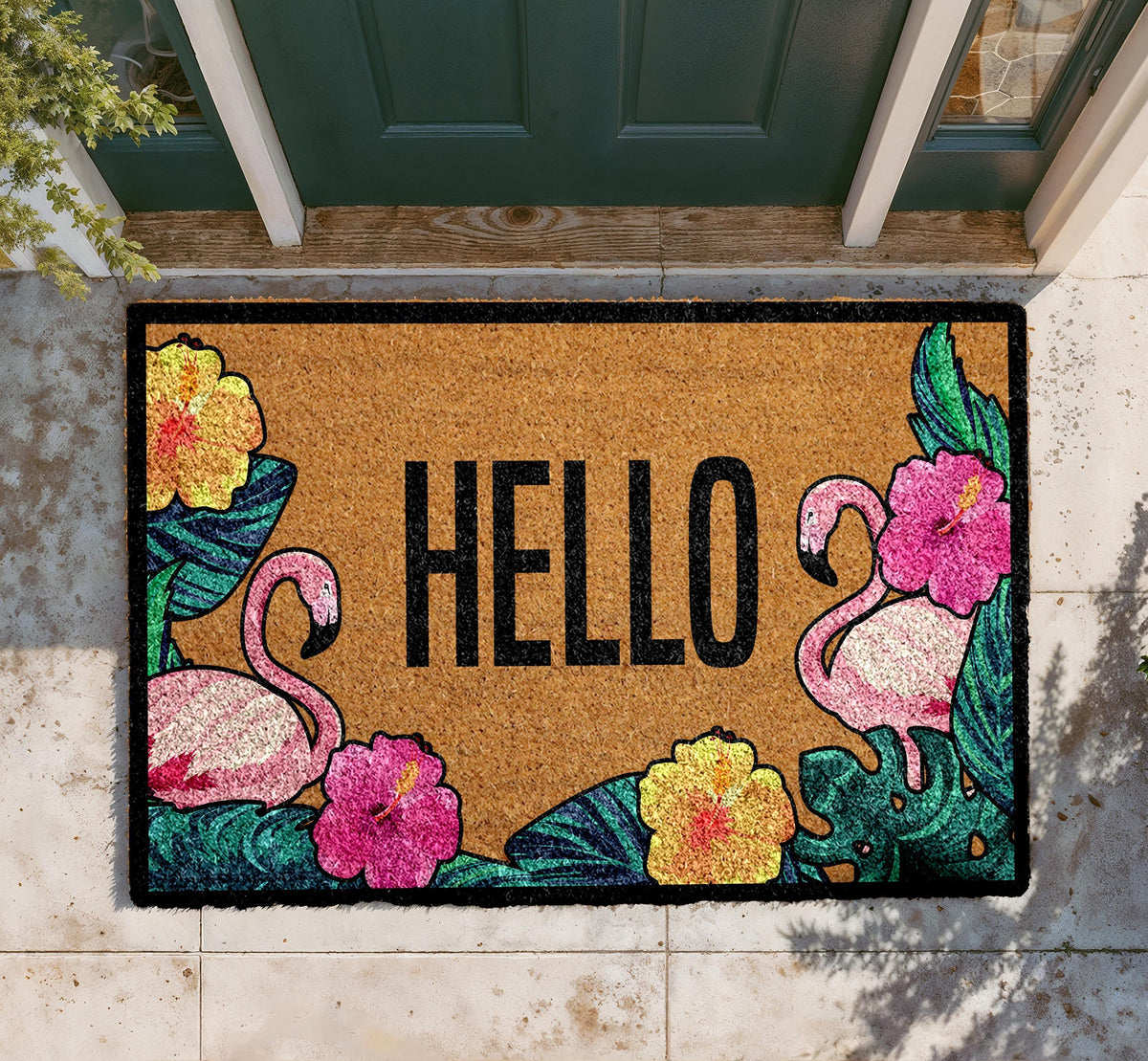 Hello Flamingo Doormat, Colorful Floral Entryway Rug, Natural Coir Mat