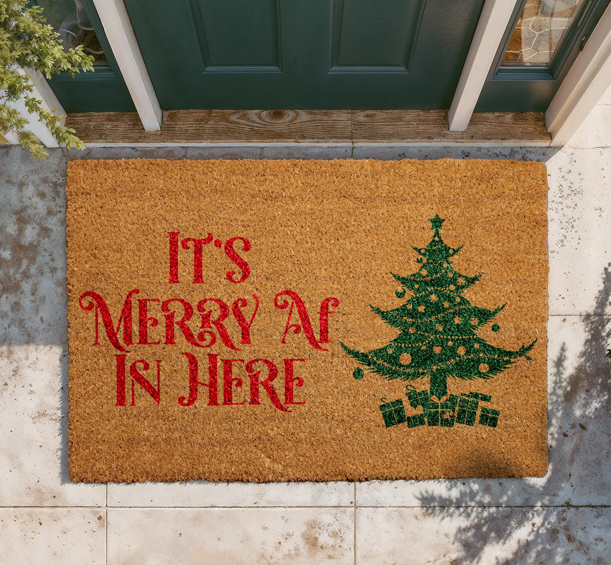 Merry AF Christmas Doormat, Funny Xmas Tree Welcome Mat, Natural Coir Home Decor