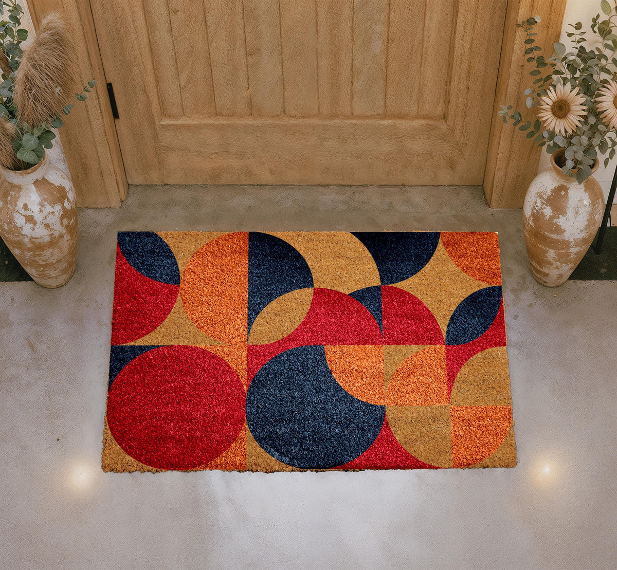 Mid-Century Modern Outdoor Doormat, Multicolor Geometric Welcome Mat, Abstract Circles Rug