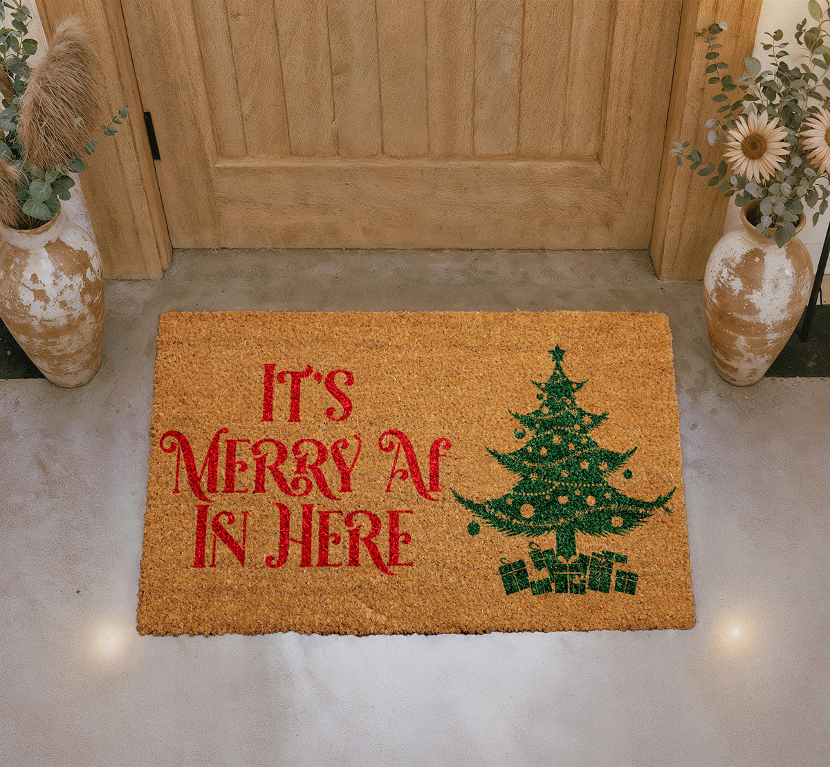Merry AF Christmas Doormat, Funny Xmas Tree Welcome Mat, Natural Coir Home Decor