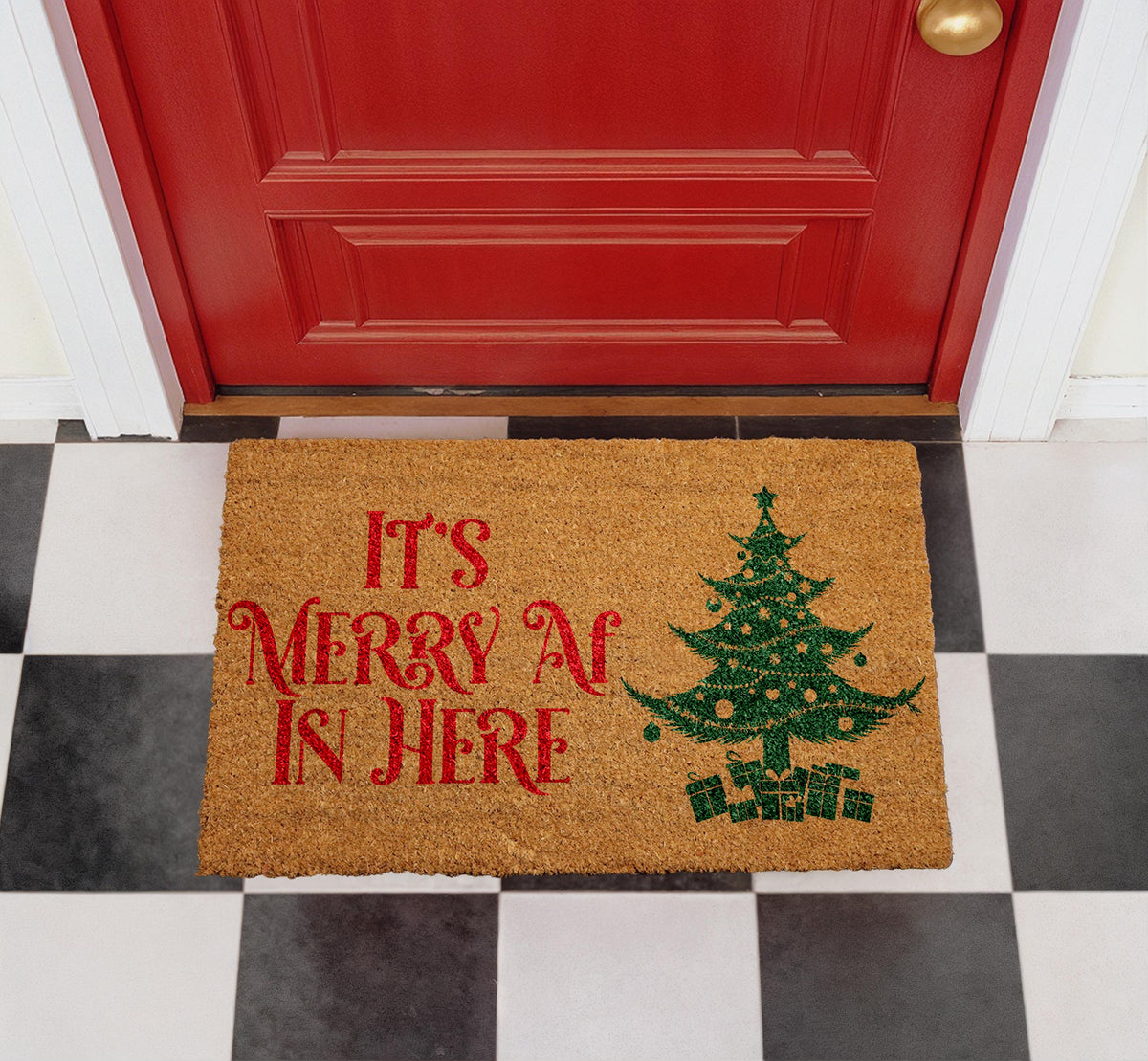 Merry AF Christmas Doormat, Funny Xmas Tree Welcome Mat, Natural Coir Home Decor