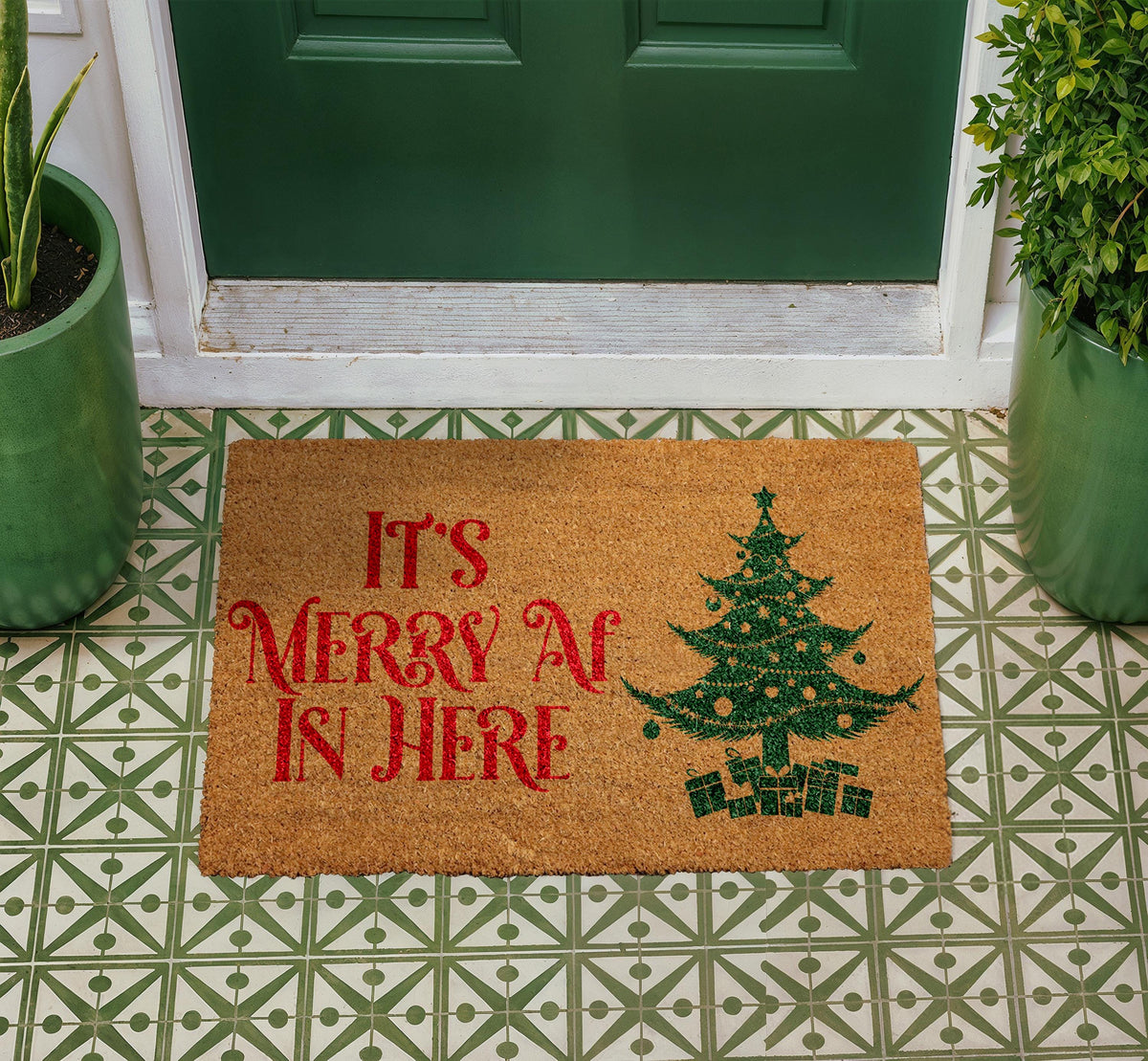 Merry AF Christmas Doormat, Funny Xmas Tree Welcome Mat, Natural Coir Home Decor