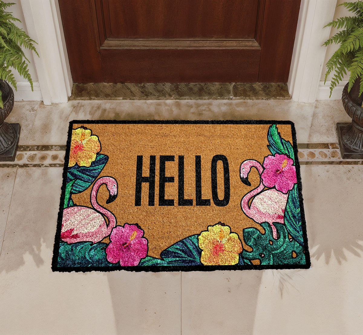 Hello Flamingo Doormat, Colorful Floral Entryway Rug, Natural Coir Mat