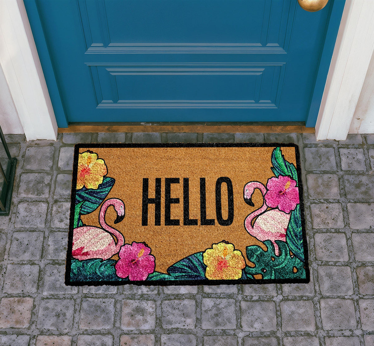 Hello Flamingo Doormat, Colorful Floral Entryway Rug, Natural Coir Mat