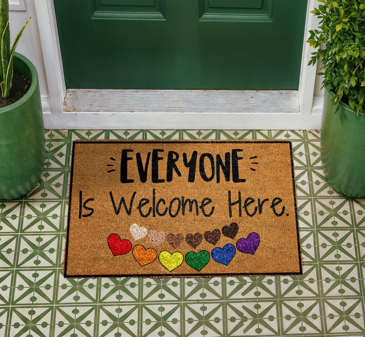 Natural Coir Doormat, "Everyone Is Welcome Here" Pride Hearts, Inclusive Entryway Decor