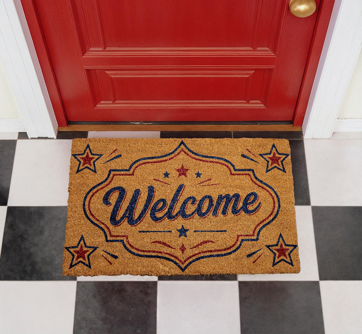 Personalized Welcome Doormat, Natural Coir, Americana Porch Decor, Patriotic Home Rug