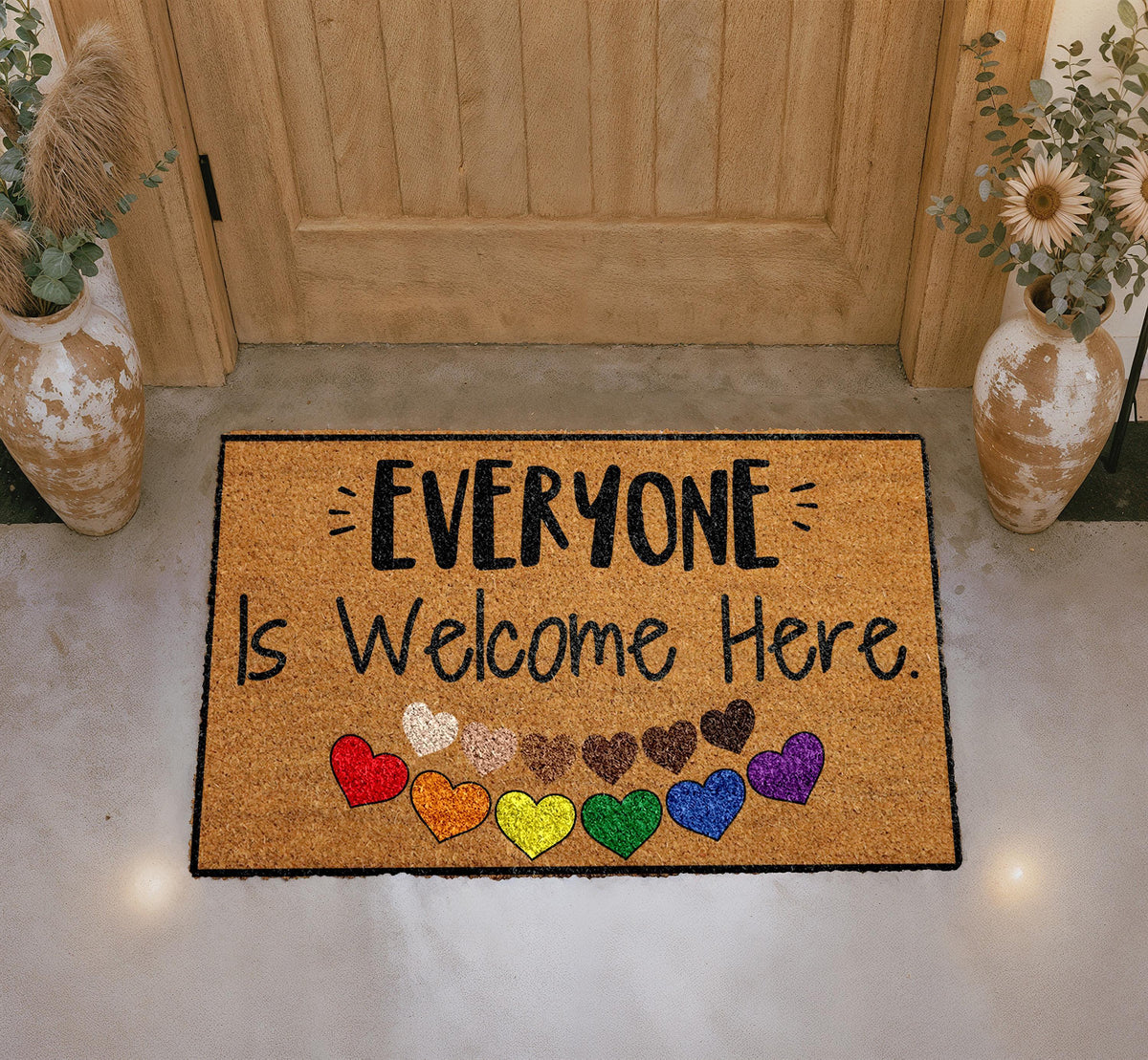 Natural Coir Doormat, "Everyone Is Welcome Here" Pride Hearts, Inclusive Entryway Decor