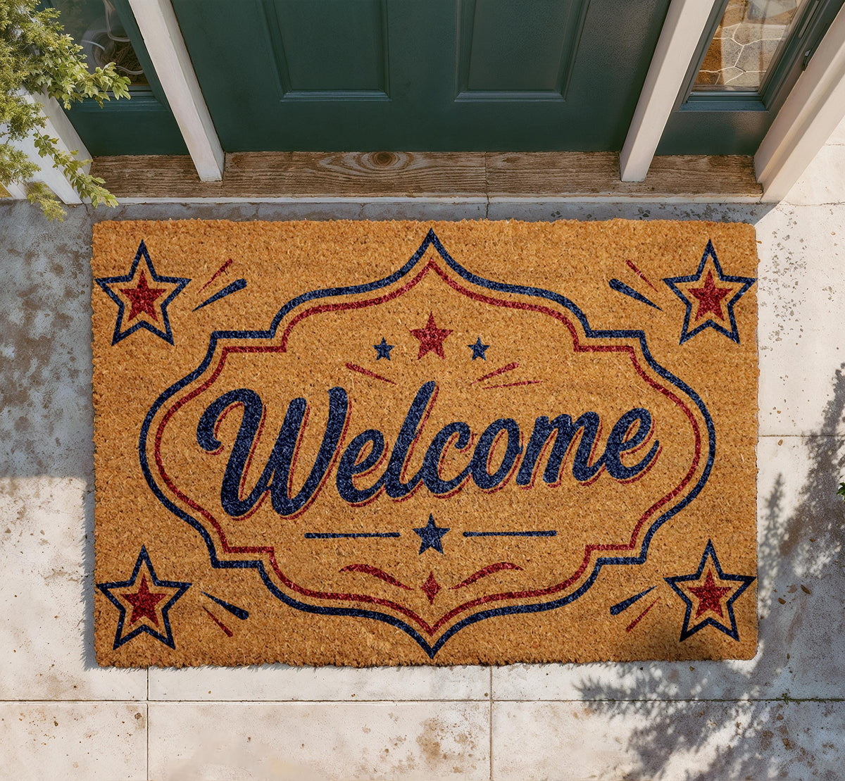 Personalized Welcome Doormat, Natural Coir, Americana Porch Decor, Patriotic Home Rug