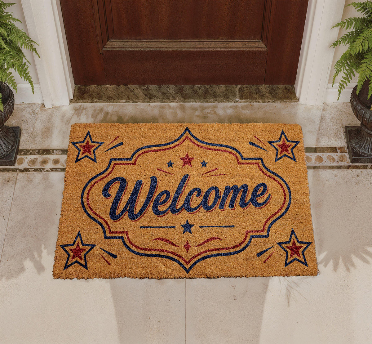 Personalized Welcome Doormat, Natural Coir, Americana Porch Decor, Patriotic Home Rug