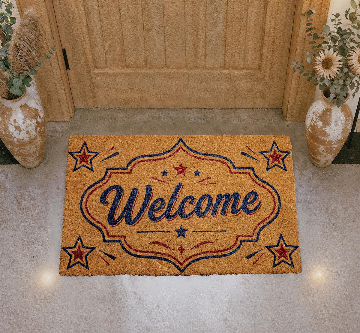 Personalized Welcome Doormat, Natural Coir, Americana Porch Decor, Patriotic Home Rug
