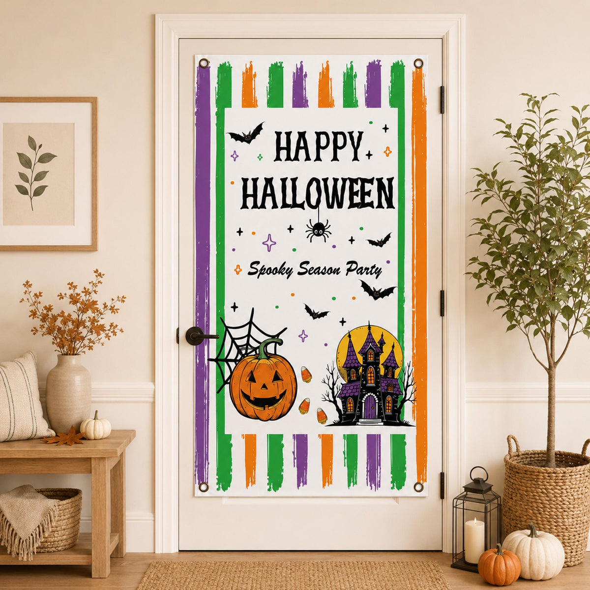 Happy Halloween Door Banner | Spooky Party Porch Decor (With Grommets)