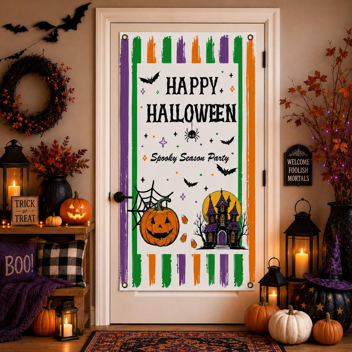Happy Halloween Door Banner | Spooky Party Porch Decor (With Grommets)