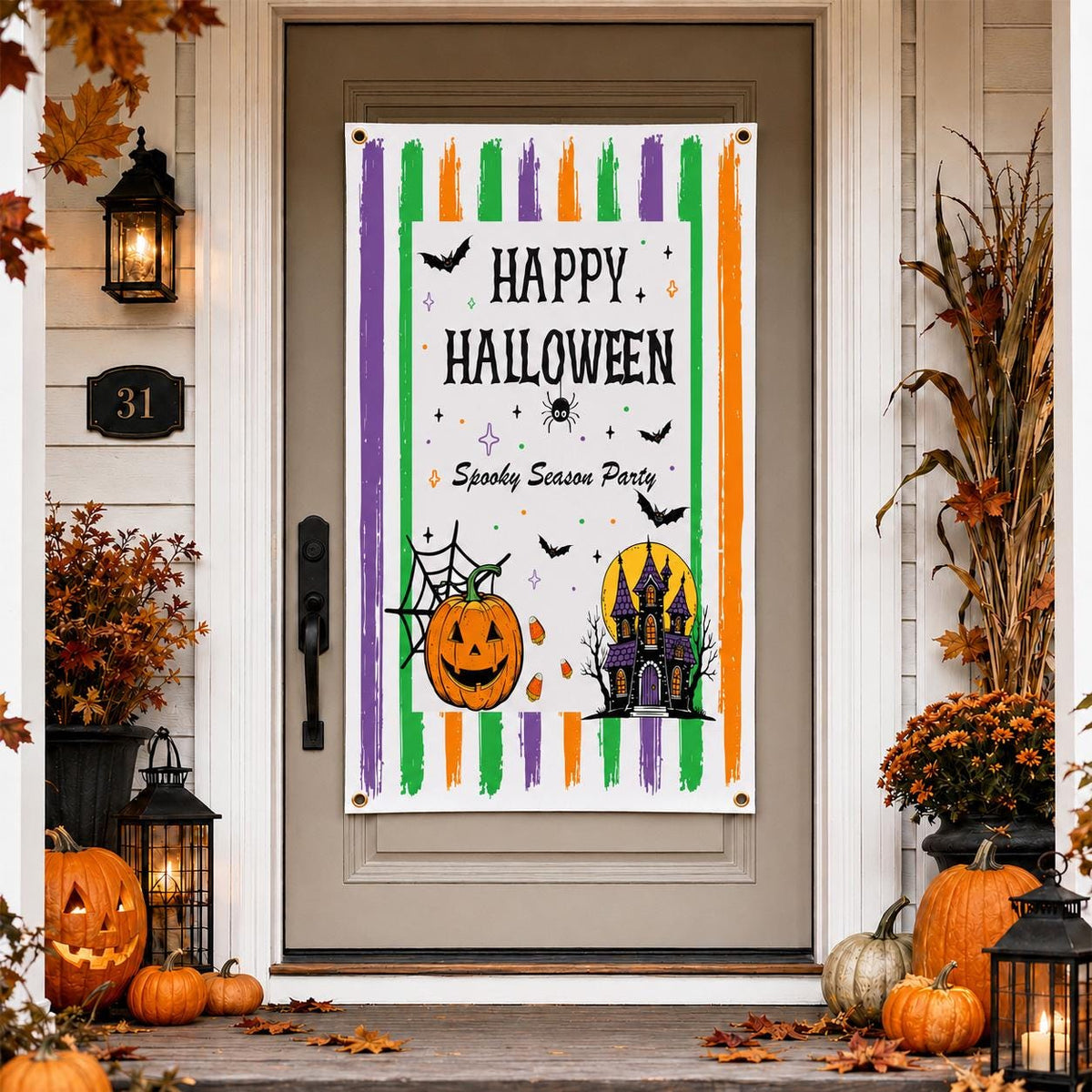 Happy Halloween Door Banner | Spooky Party Porch Decor (With Grommets)
