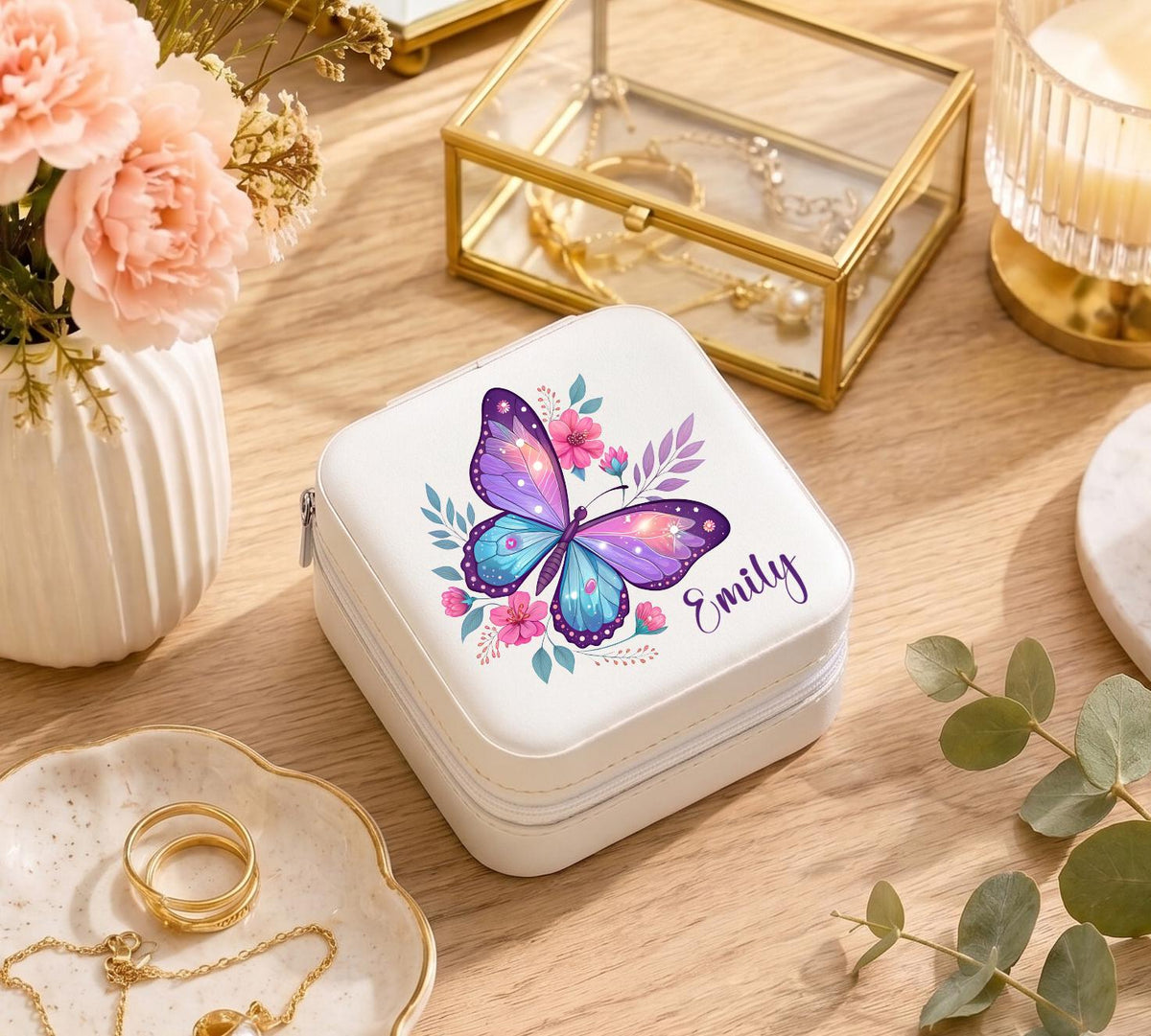 Custom Butterfly Jewelry Box, Personalized Travel Jewelry Case