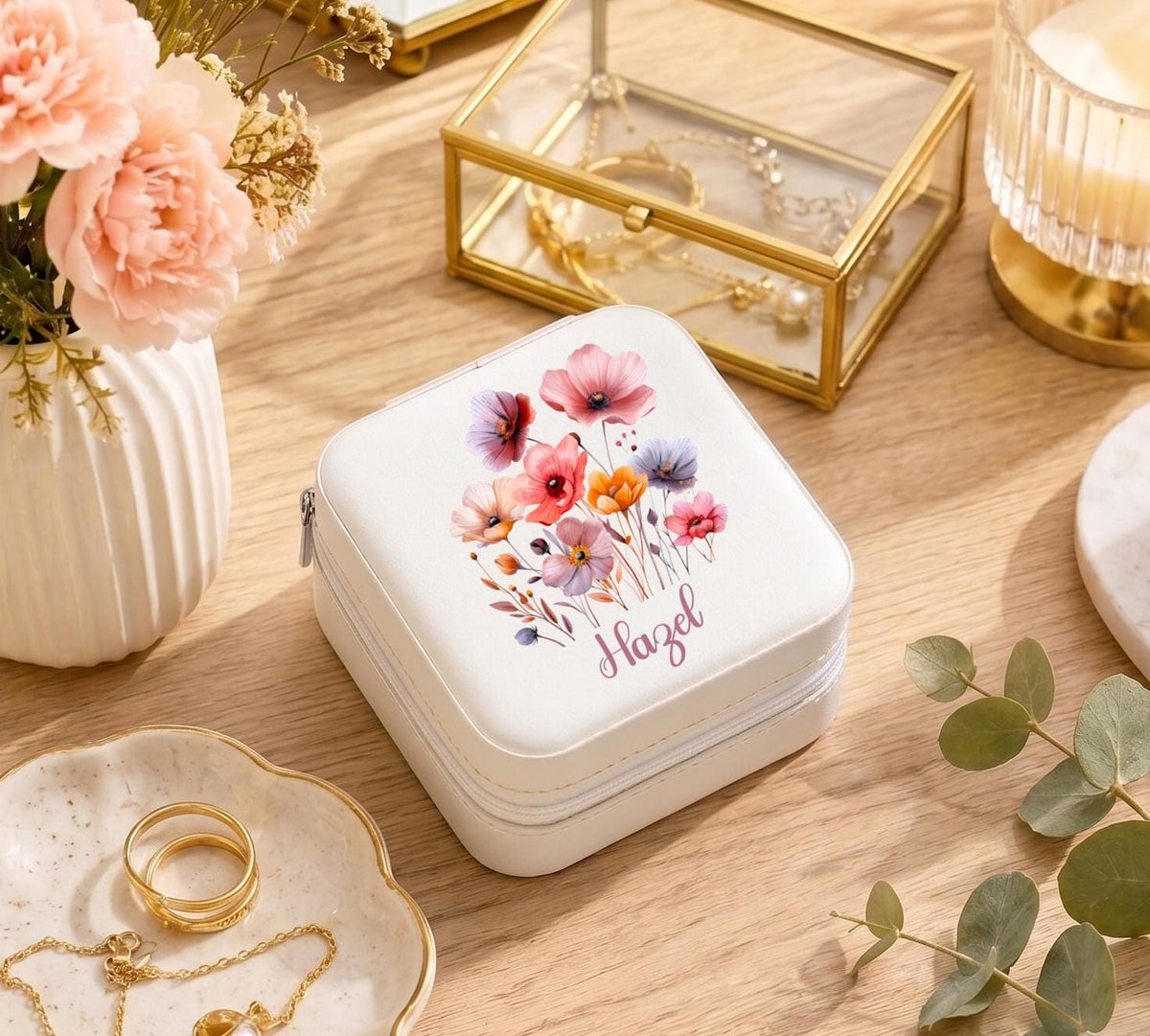 Custom Floral Jewelry Box, Personalized Travel Jewelry Case