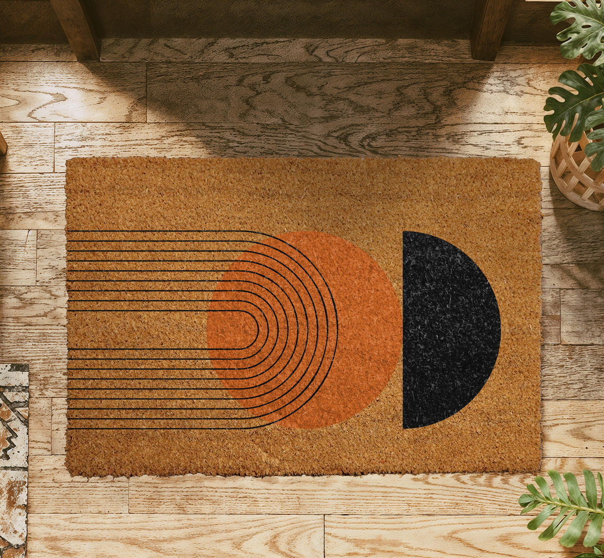 Mid Century Modern Doormat, Abstract Geometric Welcome Mat, Boho Sunburst Front Porch Decor