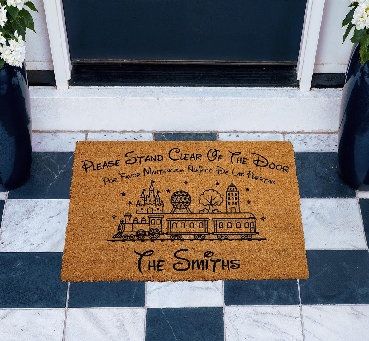 Custom Family Name Monorail Doormat, Theme Park Entrance, Please Stand Clear Quote Welcome Mat