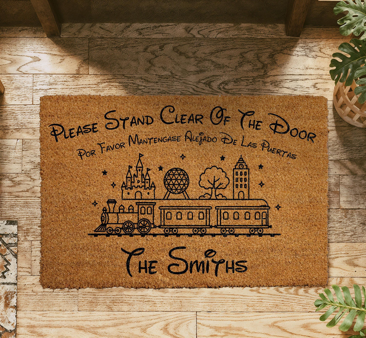 Custom Family Name Monorail Doormat, Theme Park Entrance, Please Stand Clear Quote Welcome Mat