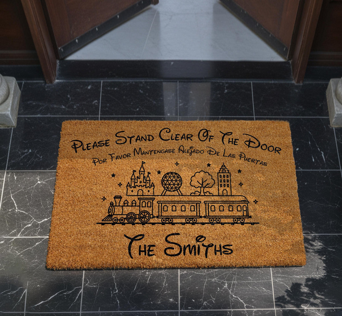Custom Family Name Monorail Doormat, Theme Park Entrance, Please Stand Clear Quote Welcome Mat