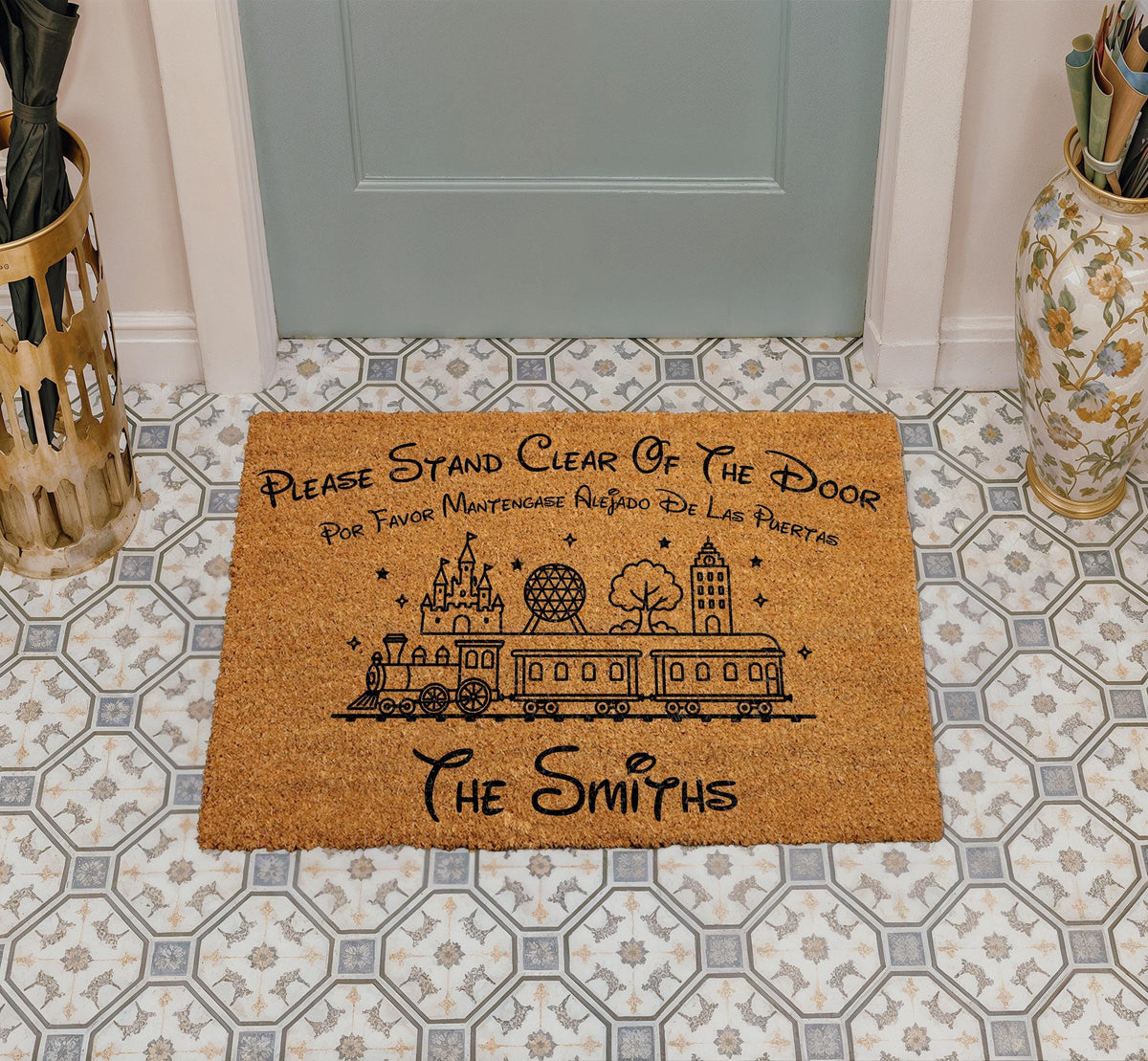 Custom Family Name Monorail Doormat, Theme Park Entrance, Please Stand Clear Quote Welcome Mat