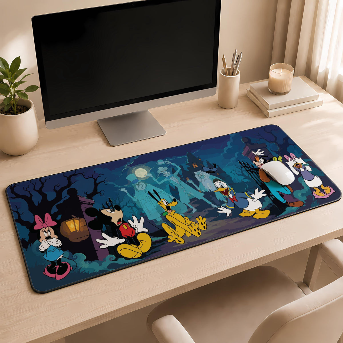 Spooky Cartoon Desk Mat, Halloween Haunted House Mouse Pad, Gothic Office Decor