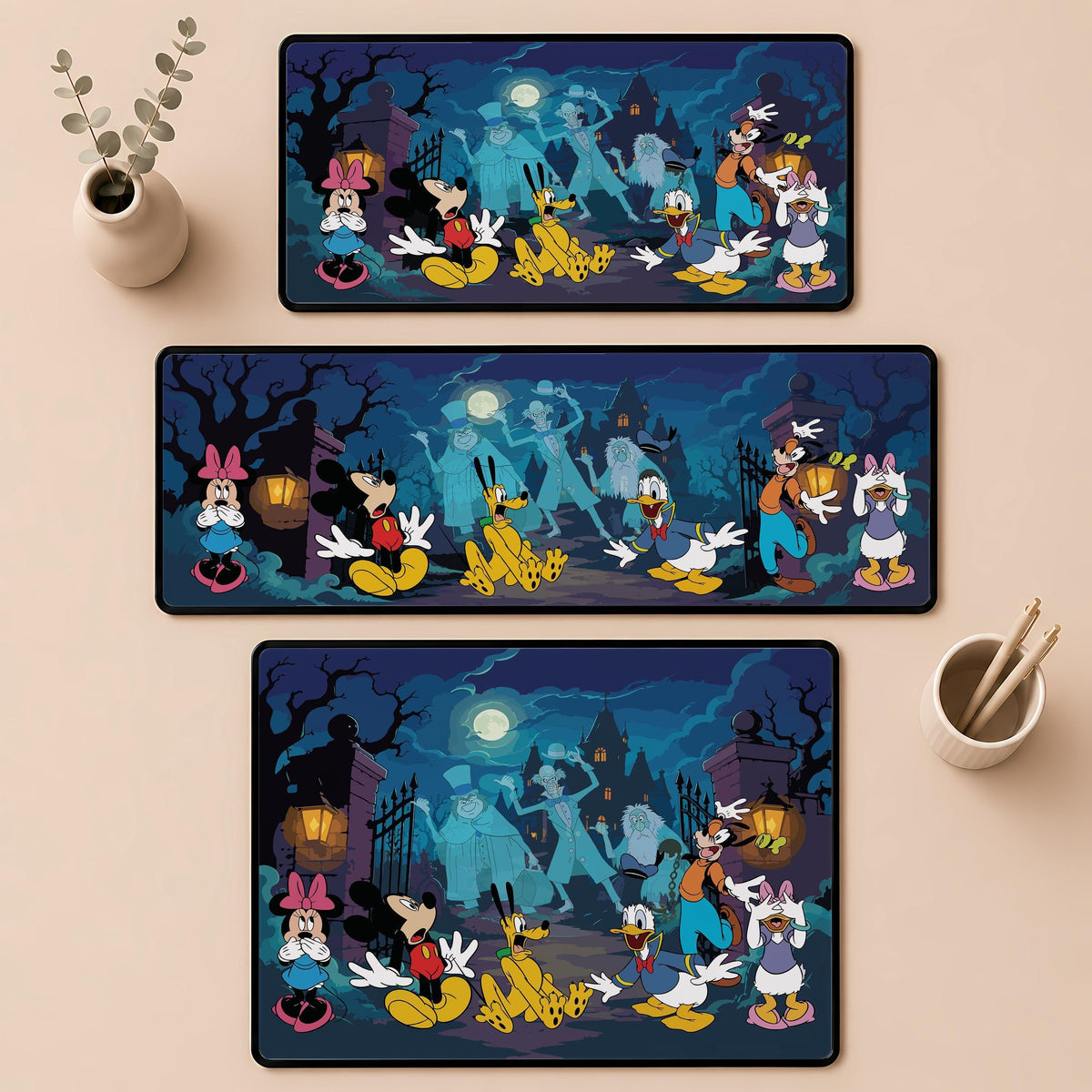 Spooky Cartoon Desk Mat, Halloween Haunted House Mouse Pad, Gothic Office Decor