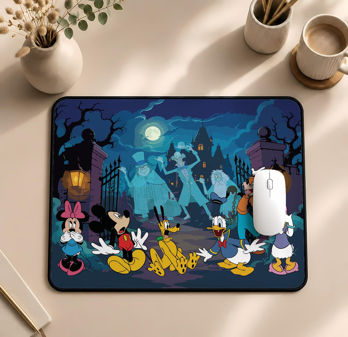 Spooky Cartoon Desk Mat, Halloween Haunted House Mouse Pad, Gothic Office Decor
